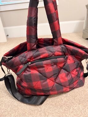 Tommy Bahama Red and Black Buffalo Plaid Quilted Backpack Tote